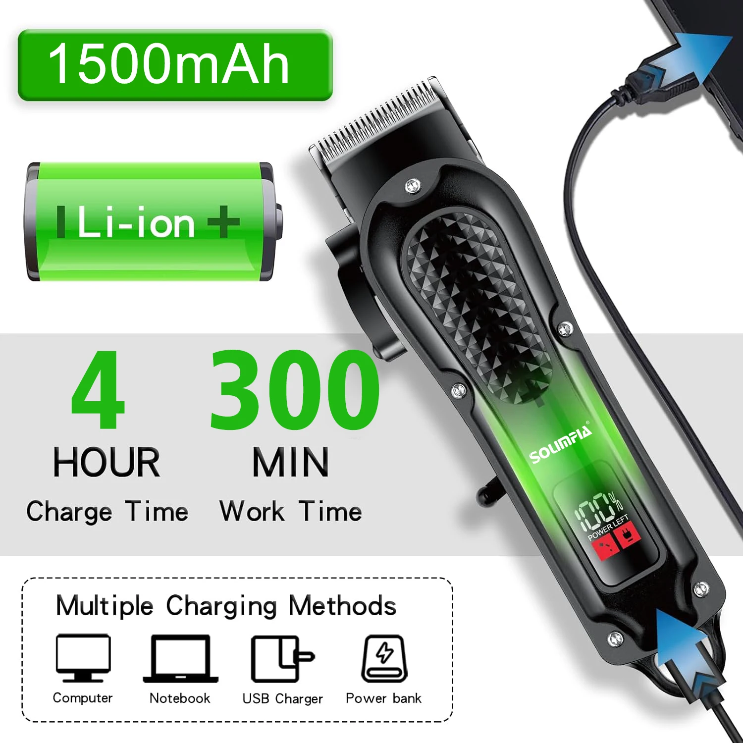 Solimpia Professional Hair Clipper Man's 1500mAh Cordless Barber Trimmer with LCD Display Stainless Steel Blade USB Rechargeable