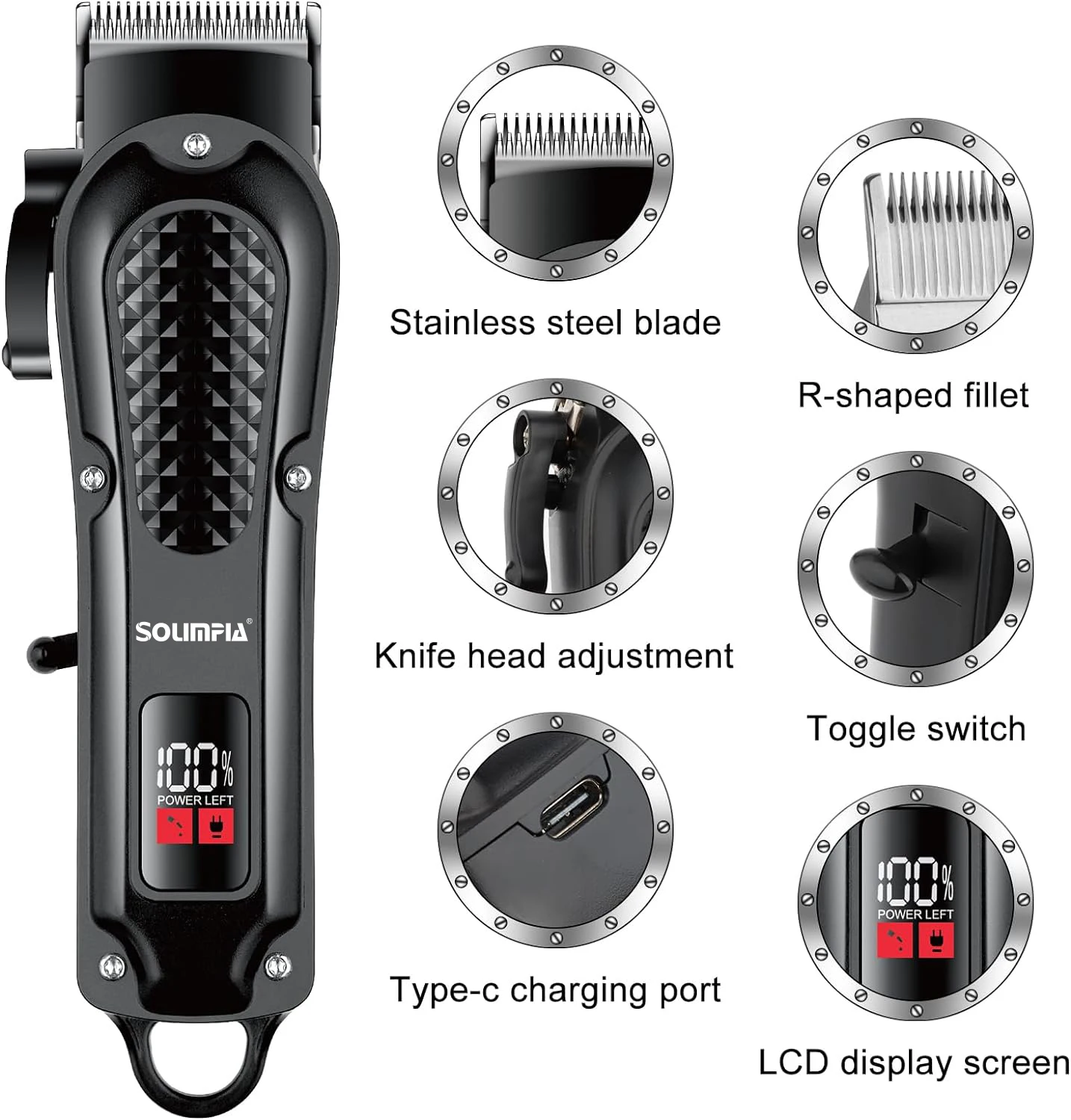 Solimpia Professional Hair Clipper Man's 1500mAh Cordless Barber Trimmer with LCD Display Stainless Steel Blade USB Rechargeable