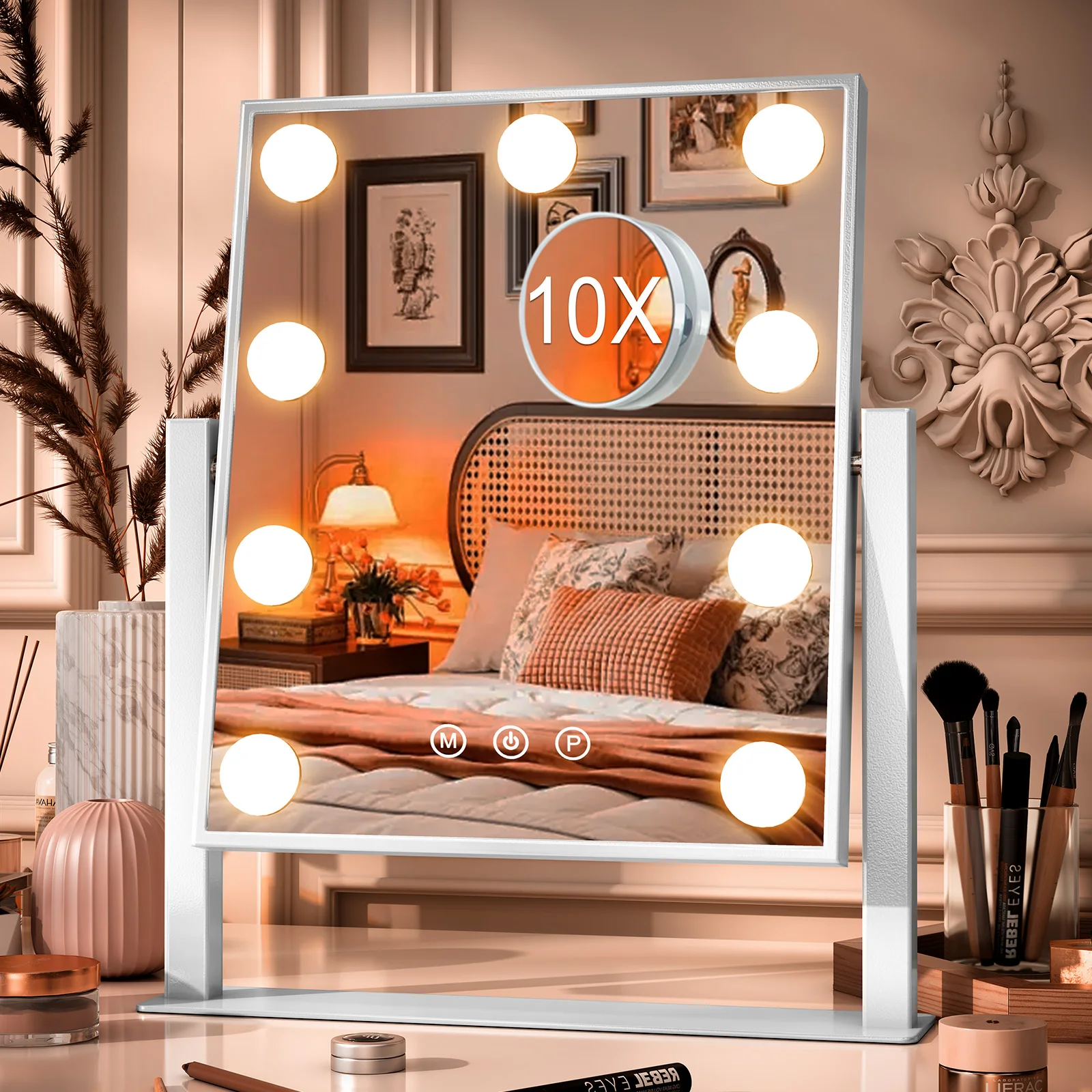 Vanity Mirror Hollywood Light up Makeup Mirror with LED Bulbs Dimmable 3 Modes 360° Rotation Magnifying Mirror 10x