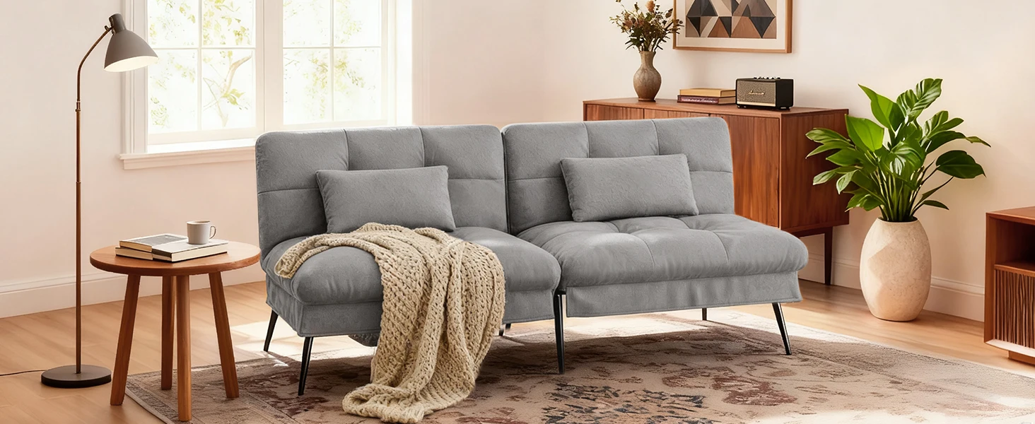 COMHOMA Fabric Sofa Bed 2 Seater Upgraded Frame 5-Gear Back Angle Adjustable Futon Sofa for Living Room