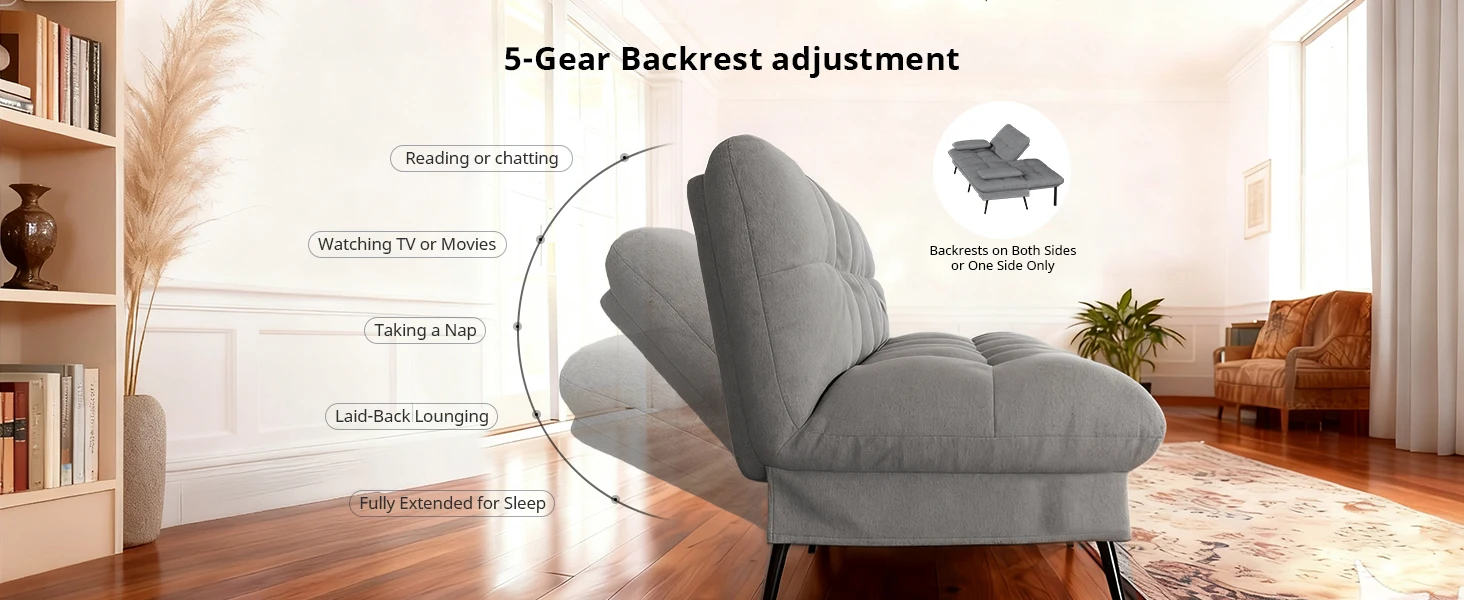 COMHOMA Fabric Sofa Bed 2 Seater Upgraded Frame 5-Gear Back Angle Adjustable Futon Sofa for Living Room
