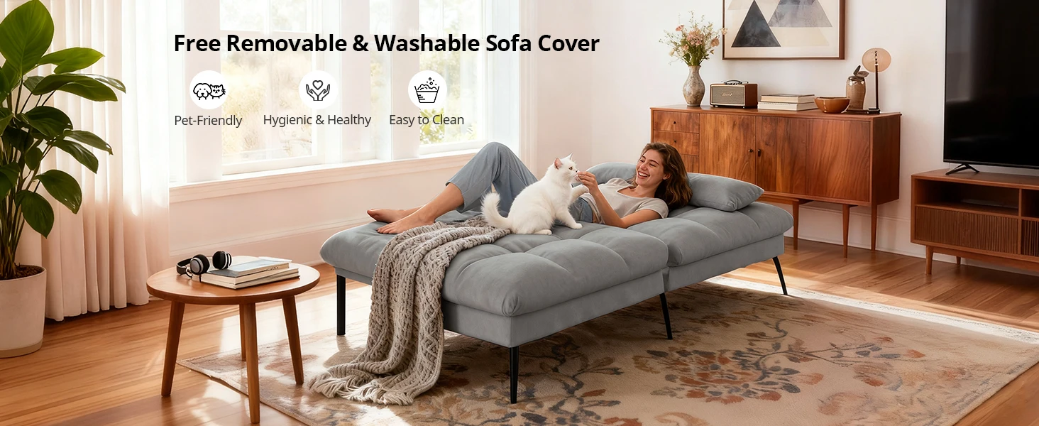 COMHOMA Fabric Sofa Bed 2 Seater Upgraded Frame 5-Gear Back Angle Adjustable Futon Sofa for Living Room