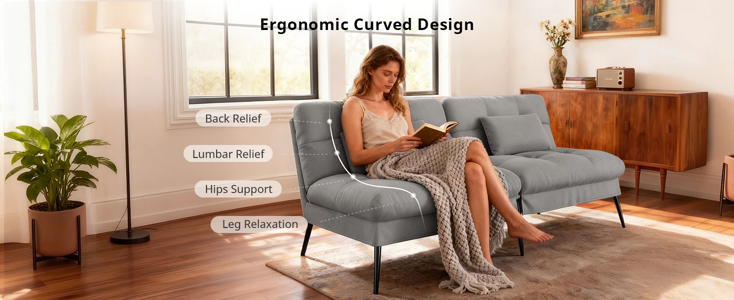 COMHOMA Fabric Sofa Bed 2 Seater Upgraded Frame 5-Gear Back Angle Adjustable Futon Sofa for Living Room
