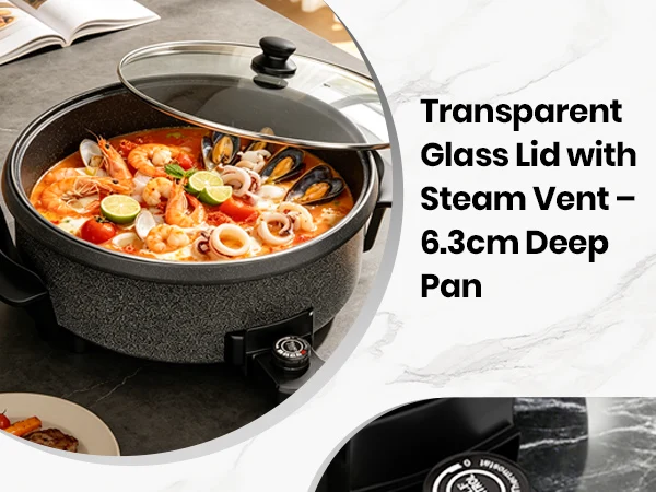 SUPERLEX 30cm Electric Multi Cooker 1500W Non-Stick Electric Skillet, 5 Adjustable Temperature Settings, Detachable Thermostat & Glass Lid, Multi Functional Pan for Hot Pot, Stir Fry and Stews