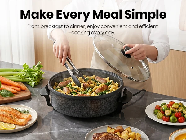 SUPERLEX 30cm Electric Multi Cooker 1500W Non-Stick Electric Skillet, 5 Adjustable Temperature Settings, Detachable Thermostat & Glass Lid, Multi Functional Pan for Hot Pot, Stir Fry and Stews