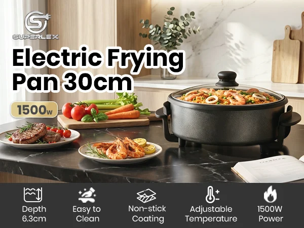 SUPERLEX 30cm Electric Multi Cooker 1500W Non-Stick Electric Skillet, 5 Adjustable Temperature Settings, Detachable Thermostat & Glass Lid, Multi Functional Pan for Hot Pot, Stir Fry and Stews