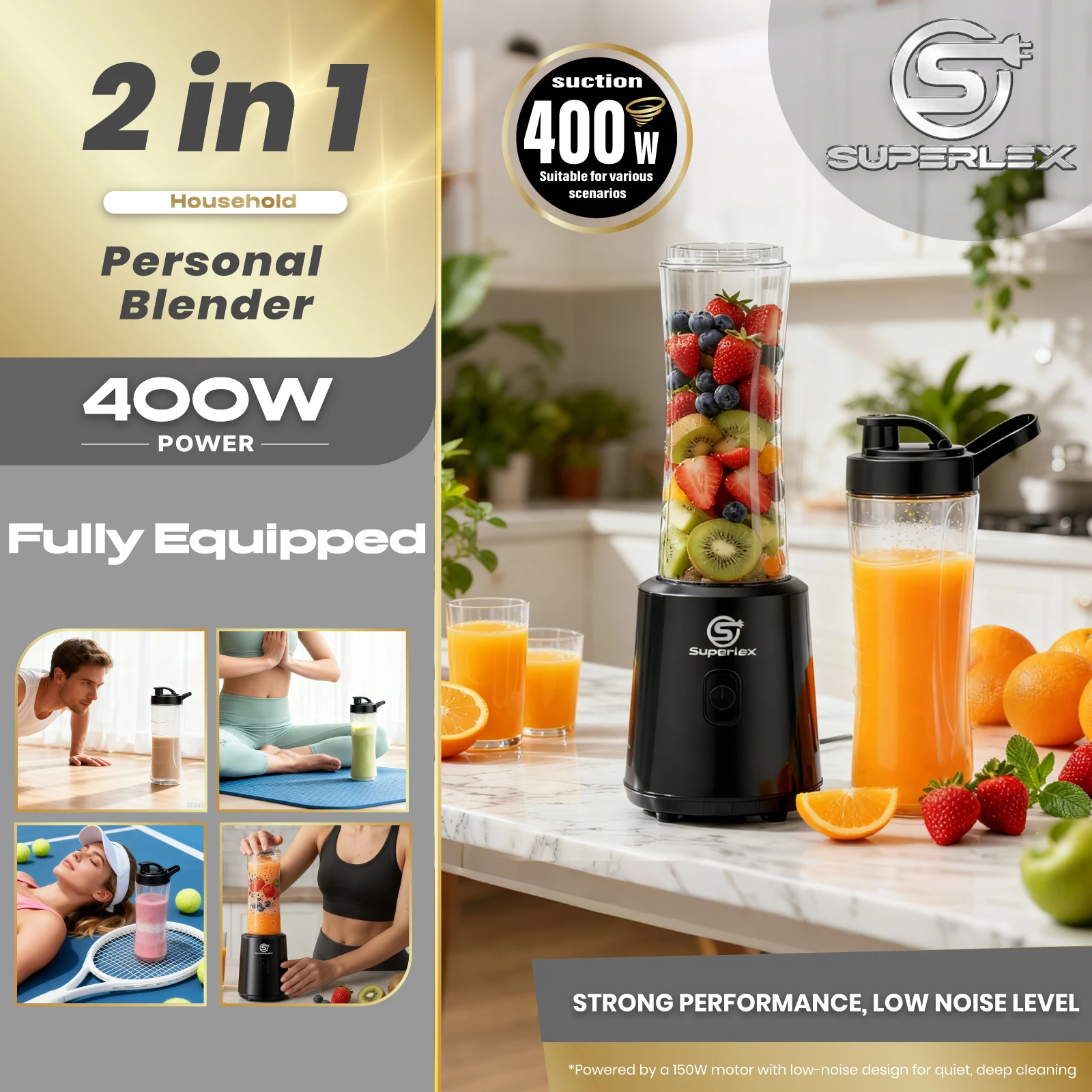 SUPERLEX Double Cup 600ML Electric Powerful Juicer 4000mAh Powerful Ice Crush Portable Blender Simple Operation Easy To Clean