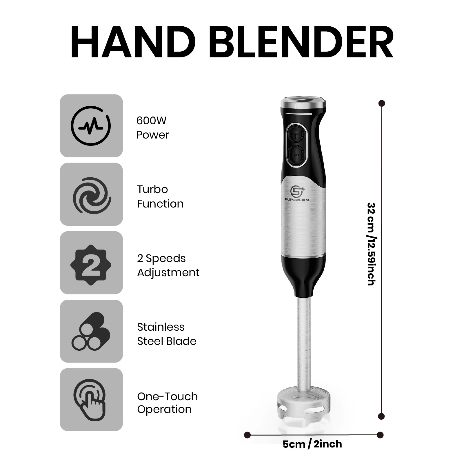 SUPERLEX Stainless Steel 600W Immersion Hand Blender + 304 Sharper Blades Non-slip 2 Speed Electric Steel Mixer Kitchen Gadget