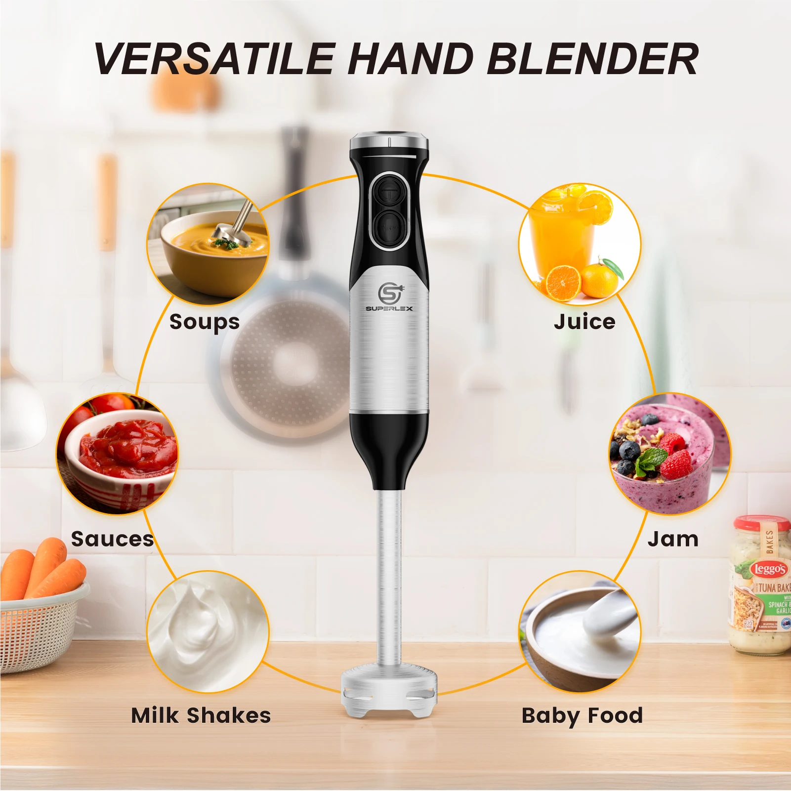 SUPERLEX Stainless Steel 600W Immersion Hand Blender + 304 Sharper Blades Non-slip 2 Speed Electric Steel Mixer Kitchen Gadget