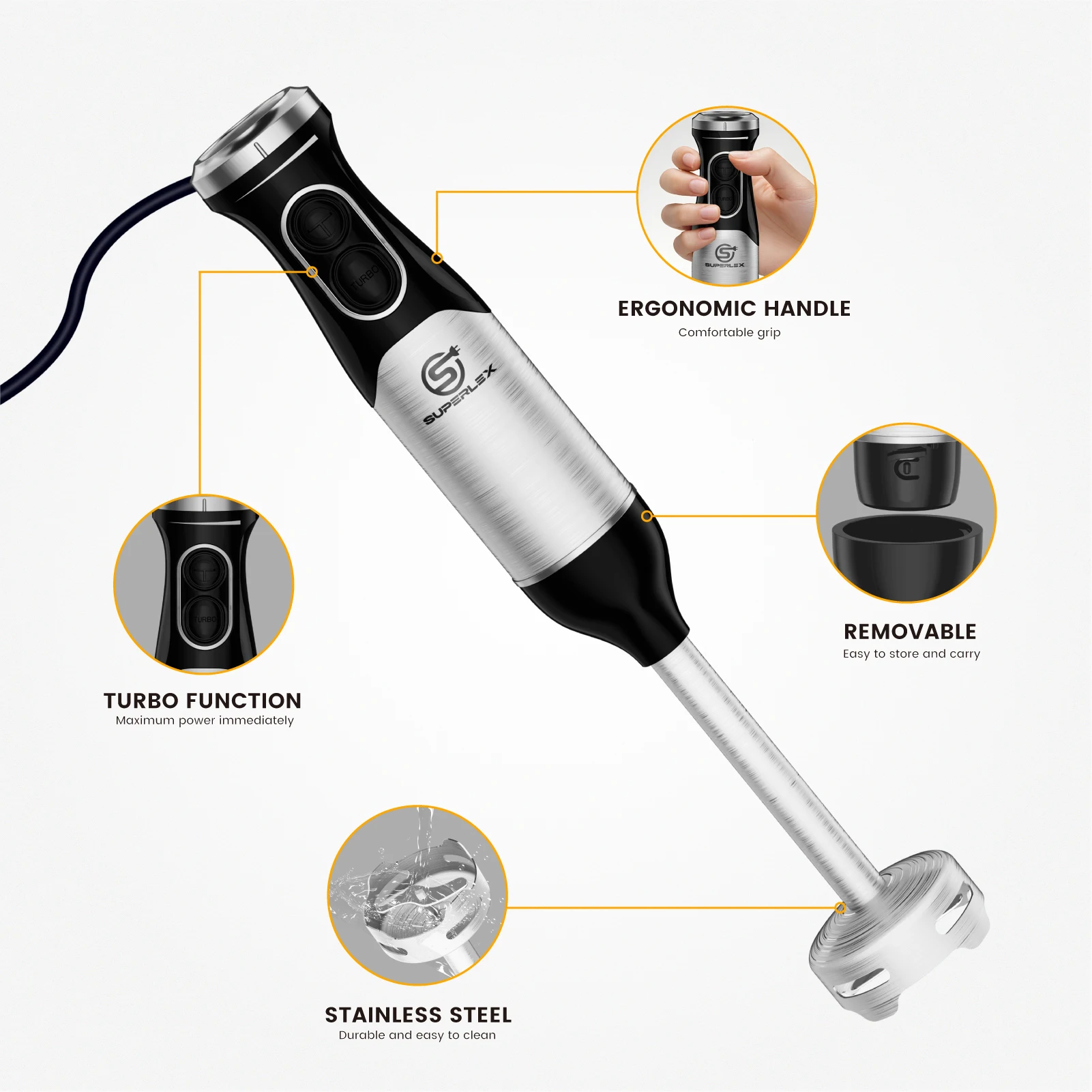 SUPERLEX Stainless Steel 600W Immersion Hand Blender + 304 Sharper Blades Non-slip 2 Speed Electric Steel Mixer Kitchen Gadget