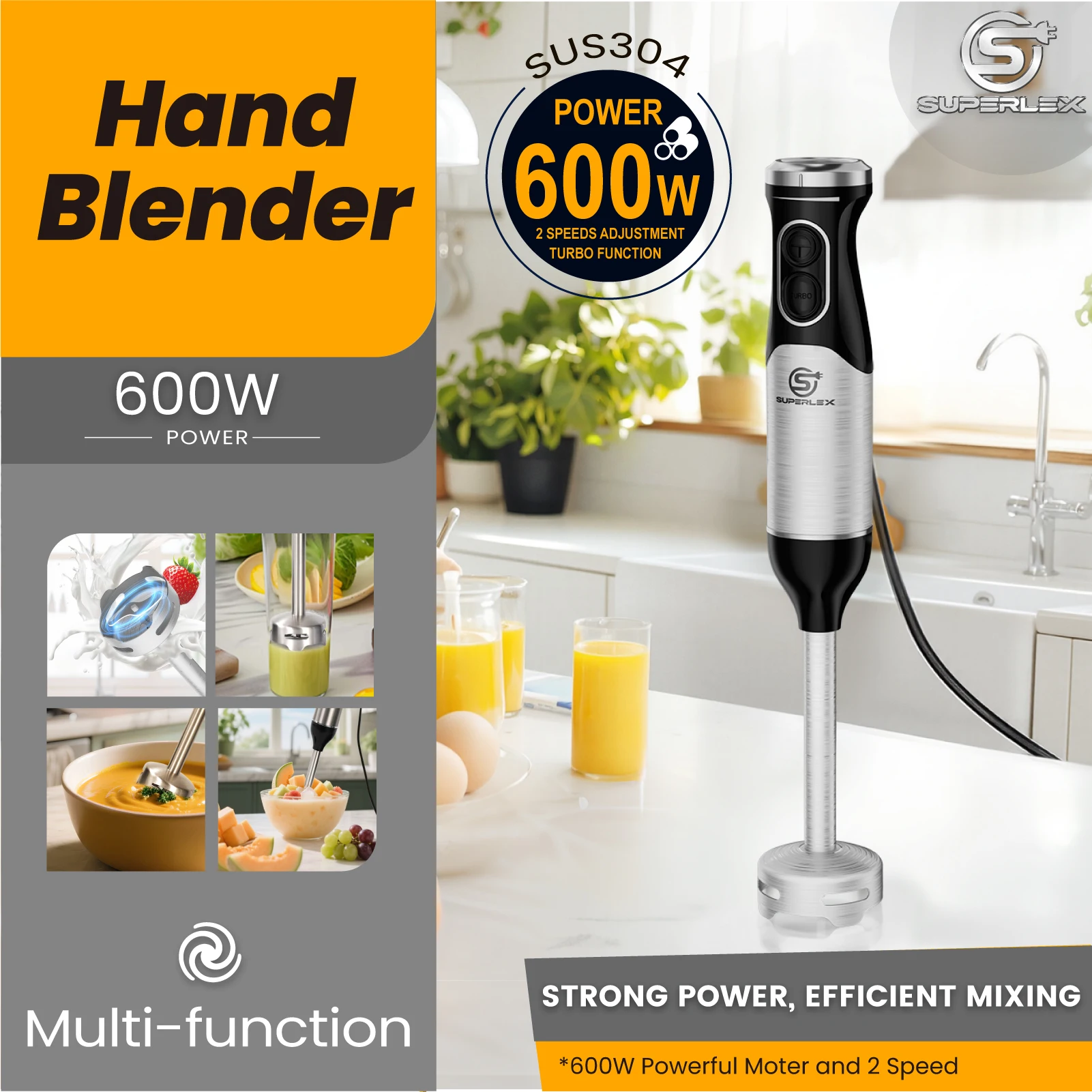 SUPERLEX Stainless Steel 600W Immersion Hand Blender + 304 Sharper Blades Non-slip 2 Speed Electric Steel Mixer Kitchen Gadget
