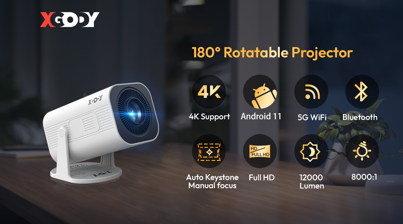 XGODY 4K Projector Android Mini Beamer Allwinner H713 Dual WIFI6 BT5.4 1280*720P Home Theater Outdoor Portable