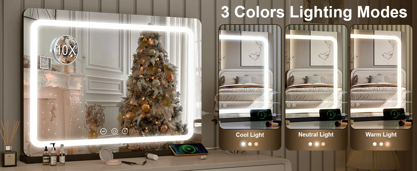 Extra Large Hollywood Vanity Mirror with LED Lights 3 Color Modes Touch Control Dimming Tabletop Lighted Makeup Mirror