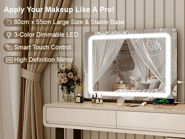 Extra Large Hollywood Vanity Mirror with LED Lights 3 Color Modes Touch Control Dimming Tabletop Lighted Makeup Mirror