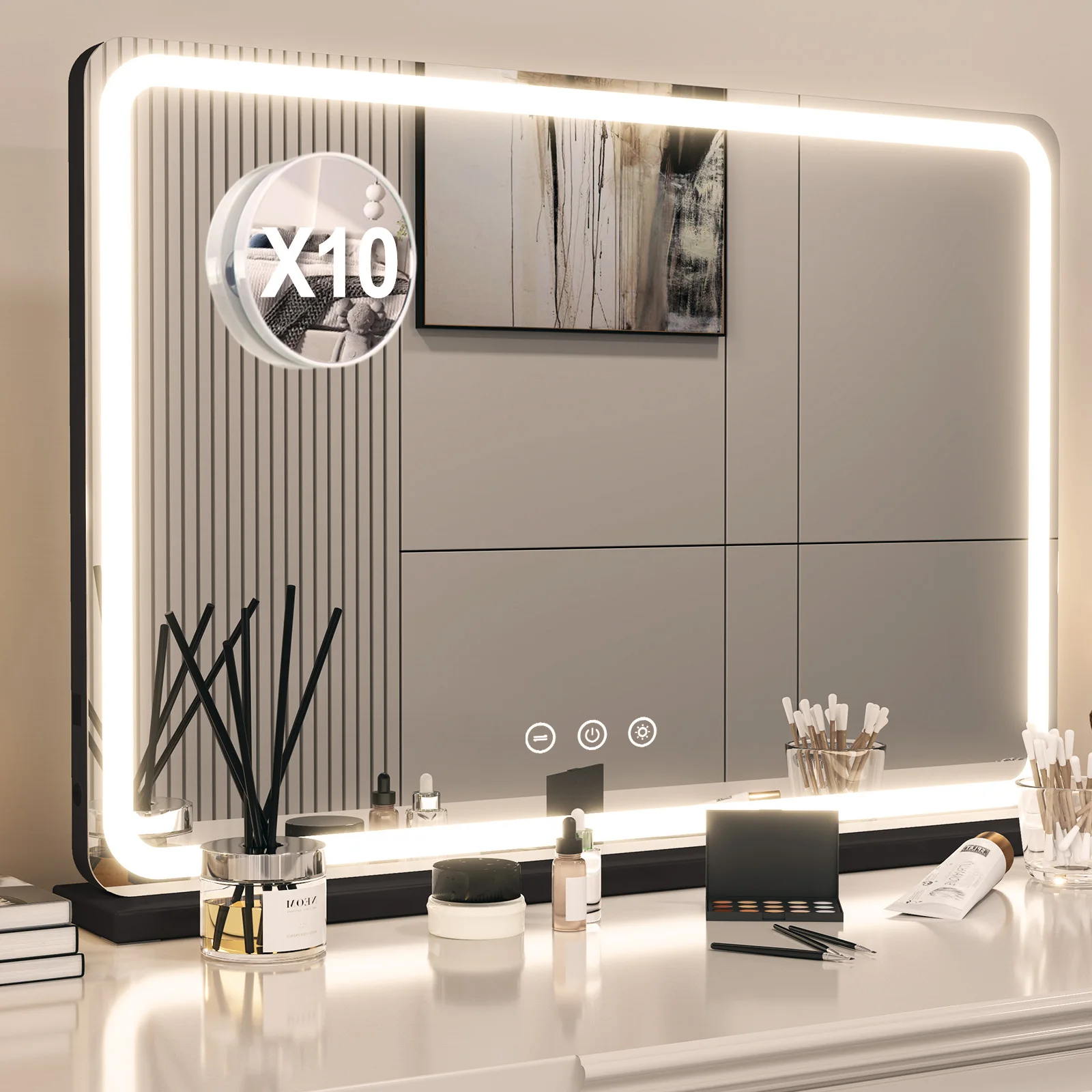 Extra Large Hollywood Vanity Mirror with LED Lights 3 Color Modes Touch Control Dimming Tabletop Lighted Makeup Mirror