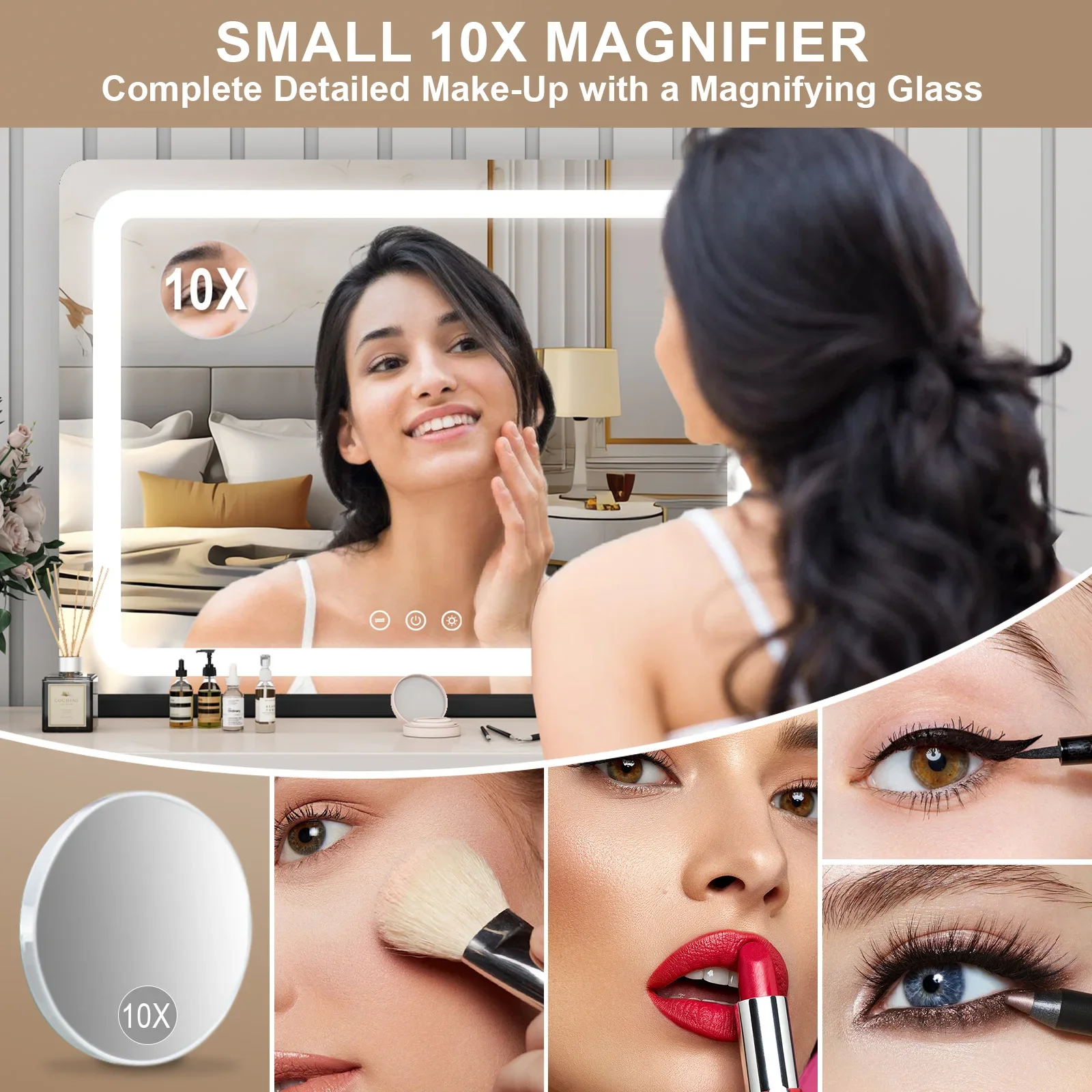 Extra Large Hollywood Vanity Mirror with LED Lights 3 Color Modes Touch Control Dimming Tabletop Lighted Makeup Mirror