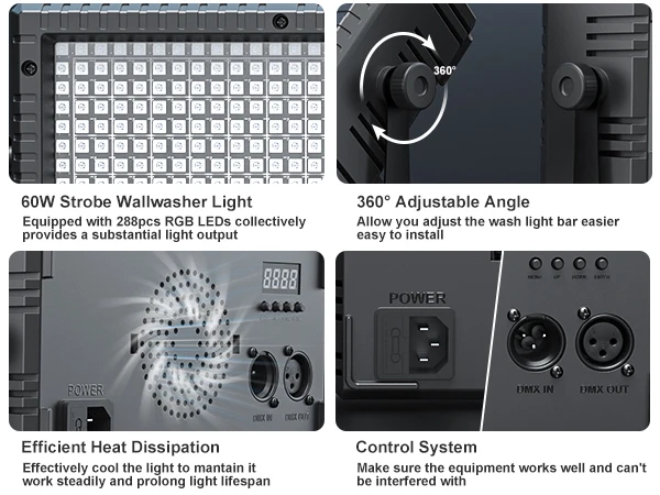 U'King 4PCS 60W LED Wall Wash Light 3IN1 RGB Strobe Effect Stage Lighting DMX512 DJ Wash Bar Effect Light for Party Wedding
