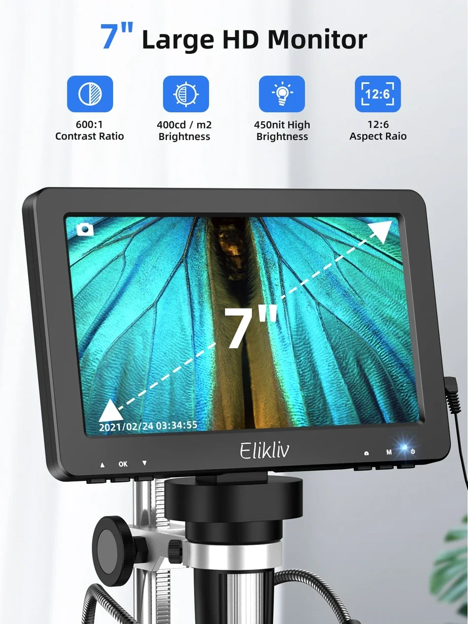 Elikliv DM9 7'' Digital Microscope 50X-1200X Video Microscope Camera Adjustable HD LCD For PCB Electronics Soldering Tools
