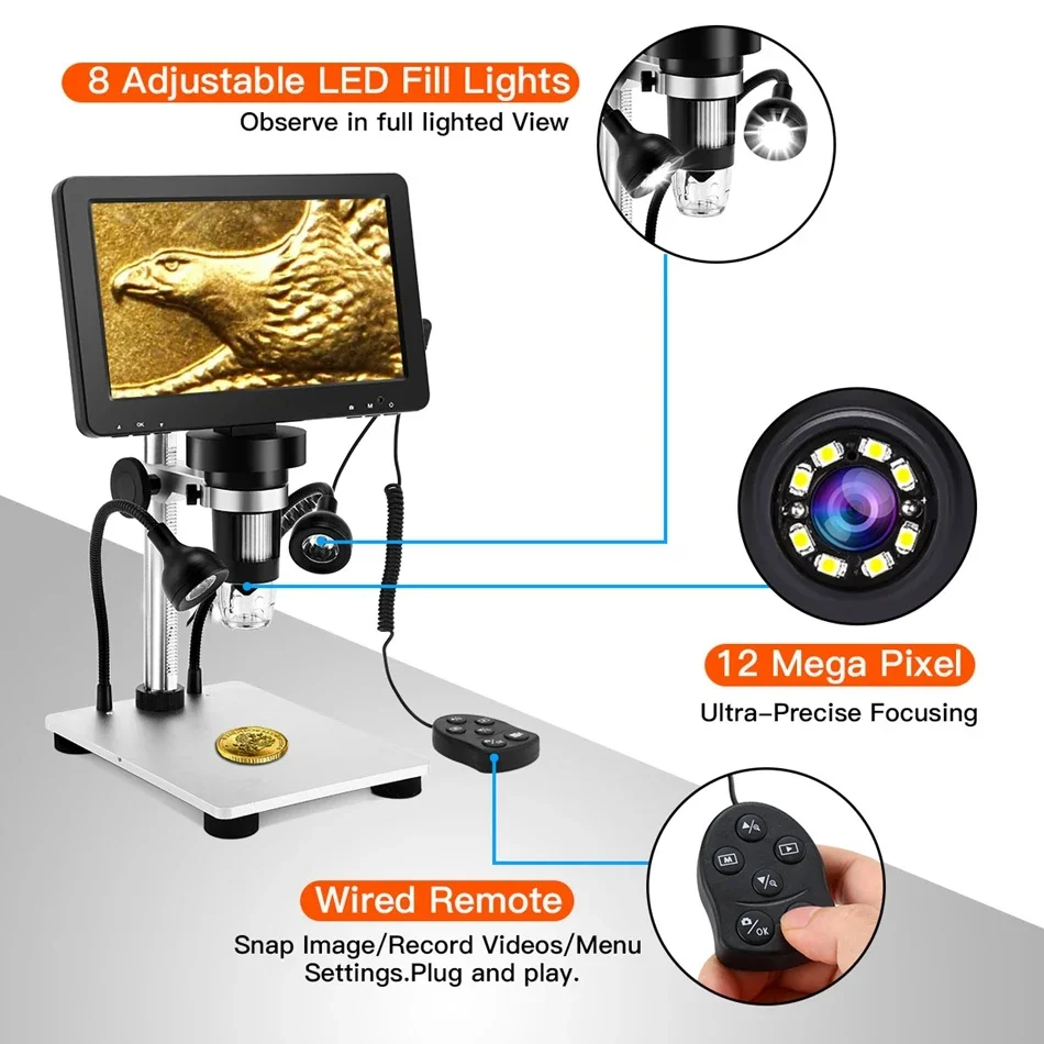 Elikliv DM9 7'' Digital Microscope 50X-1200X Video Microscope Camera Adjustable HD LCD For PCB Electronics Soldering Tools