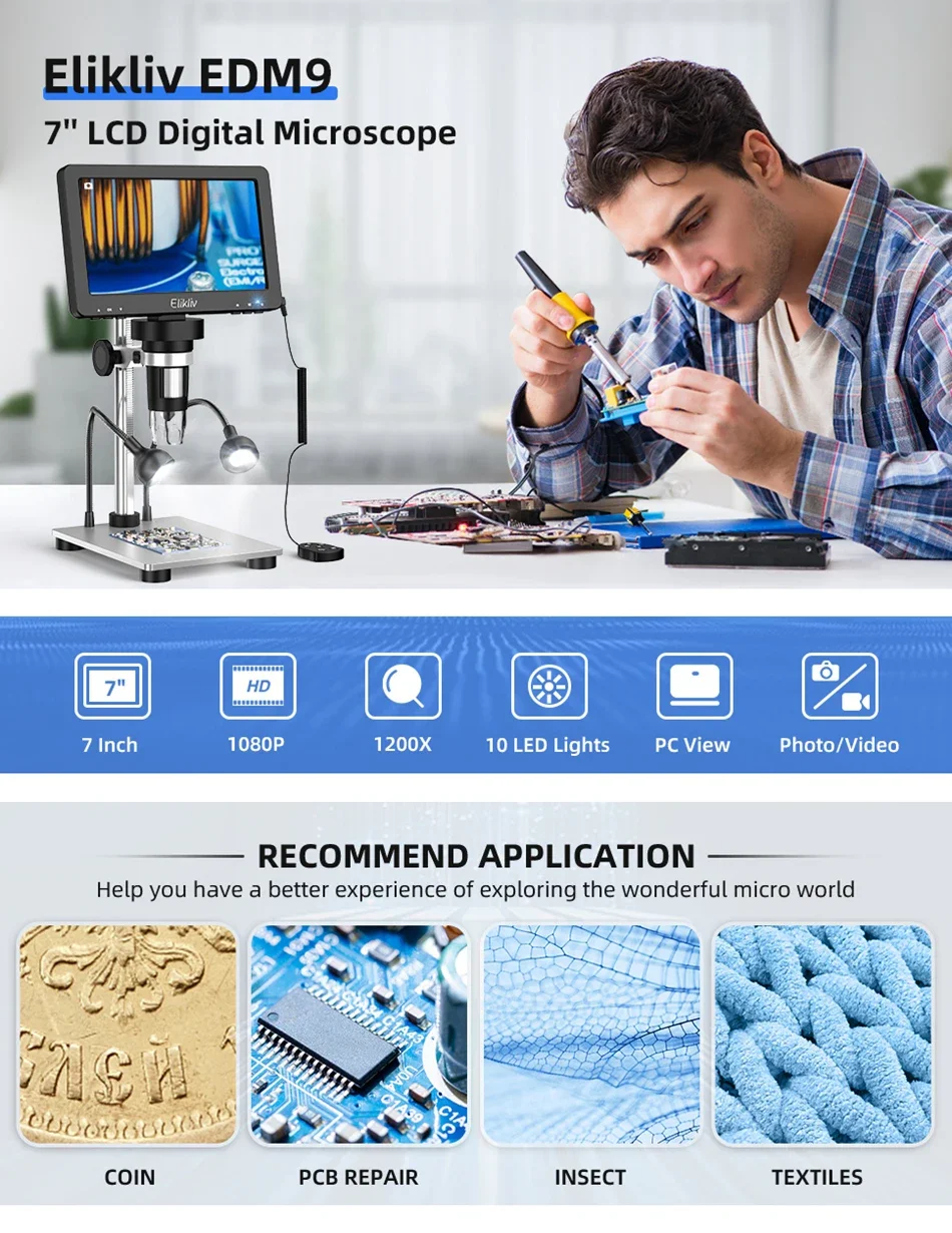 Elikliv DM9 7'' Digital Microscope 50X-1200X Video Microscope Camera Adjustable HD LCD For PCB Electronics Soldering Tools
