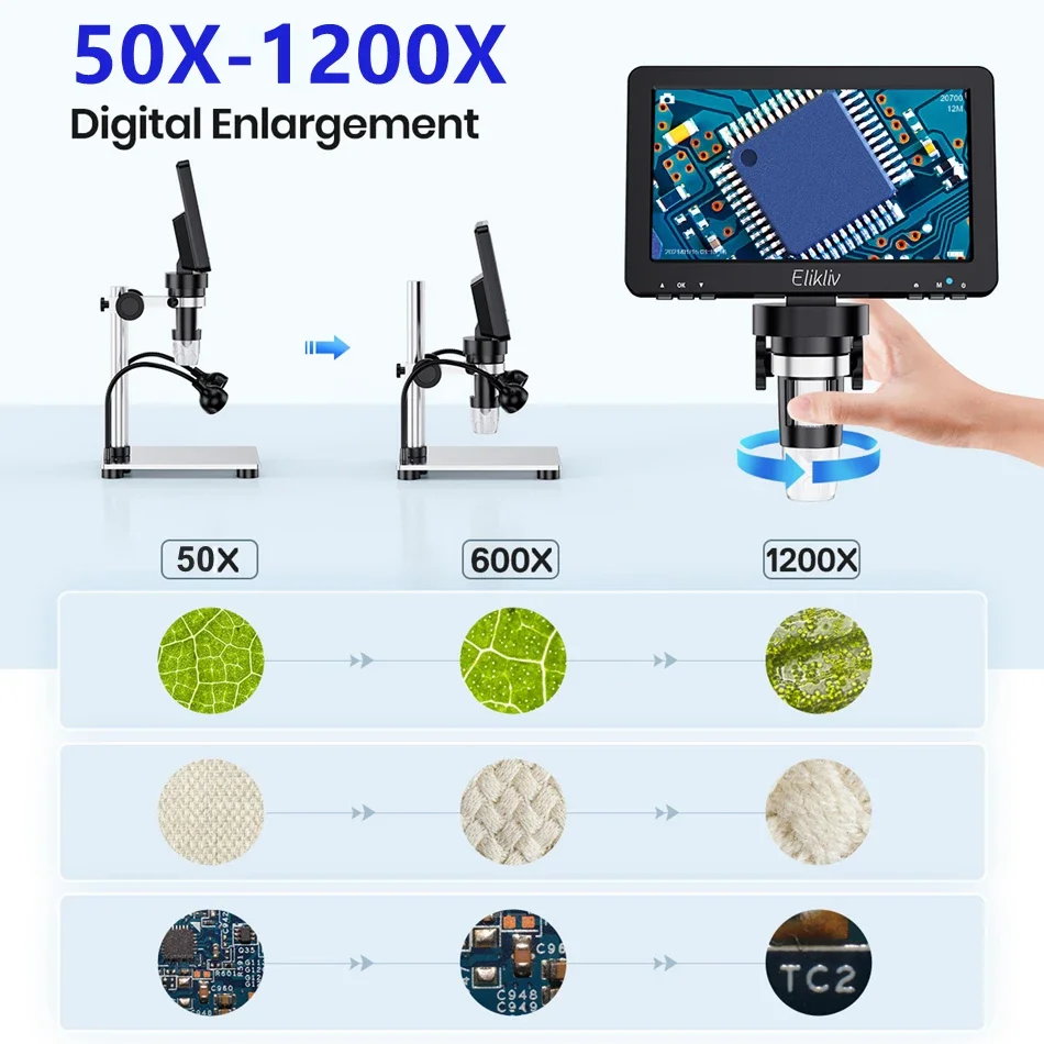 Elikliv DM9 7'' Digital Microscope 50X-1200X Video Microscope Camera Adjustable HD LCD For PCB Electronics Soldering Tools