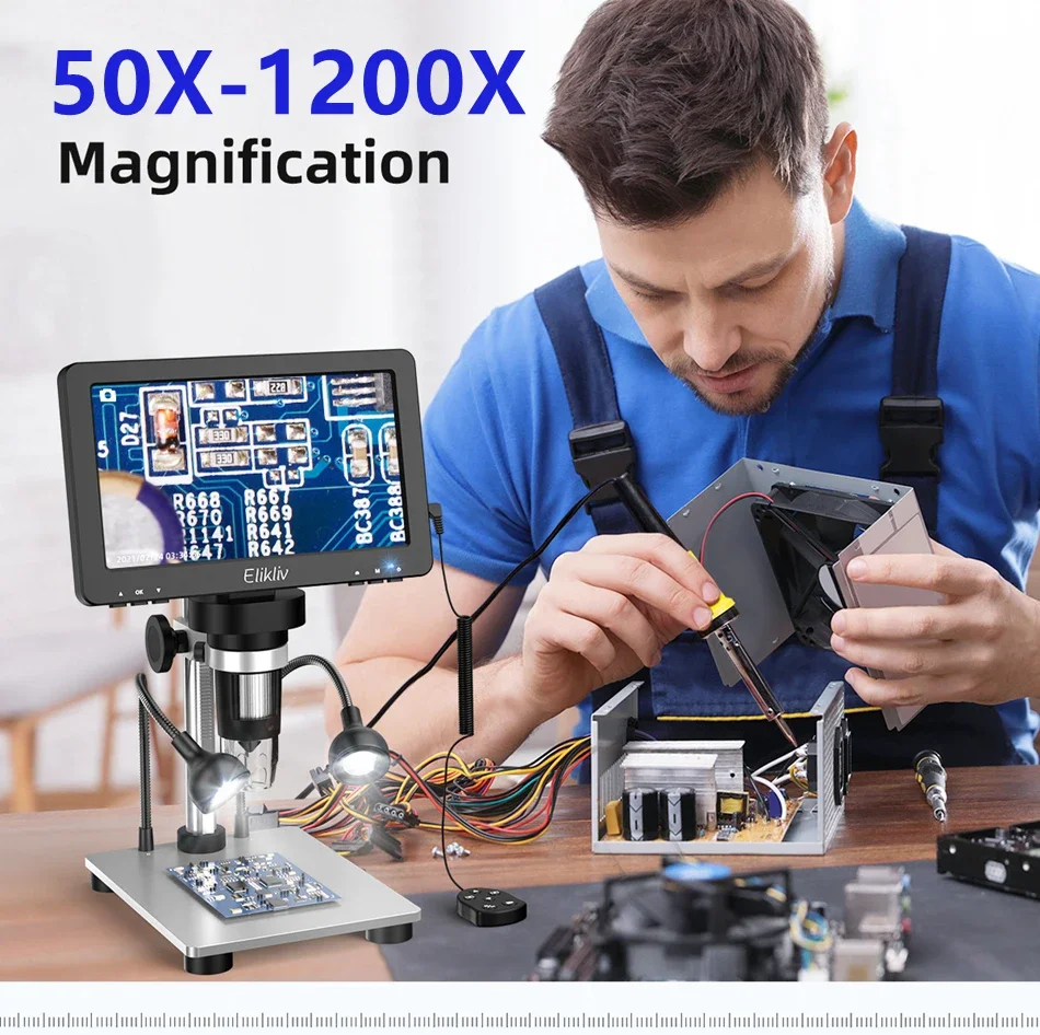 Elikliv DM9 7'' Digital Microscope 50X-1200X Video Microscope Camera Adjustable HD LCD For PCB Electronics Soldering Tools