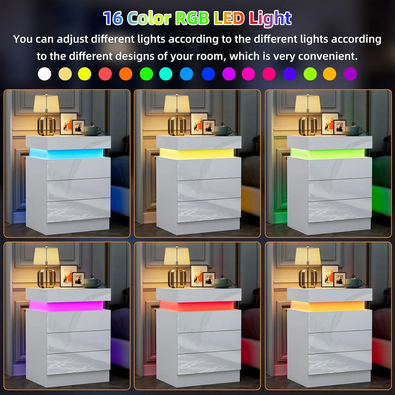 3 Drawers Wooden Nightstand Light Charging Station Bluetooth Light Power Bedroom Bedside Living Room UK Plug Bedroom Furniture