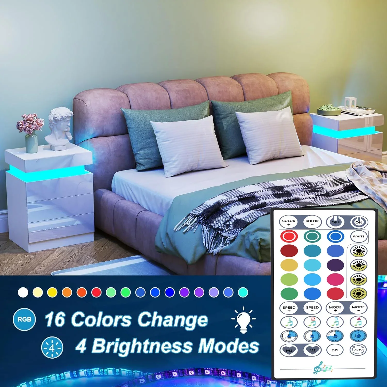 3 Drawers Wooden Nightstand Light Charging Station Bluetooth Light Power Bedroom Bedside Living Room UK Plug Bedroom Furniture