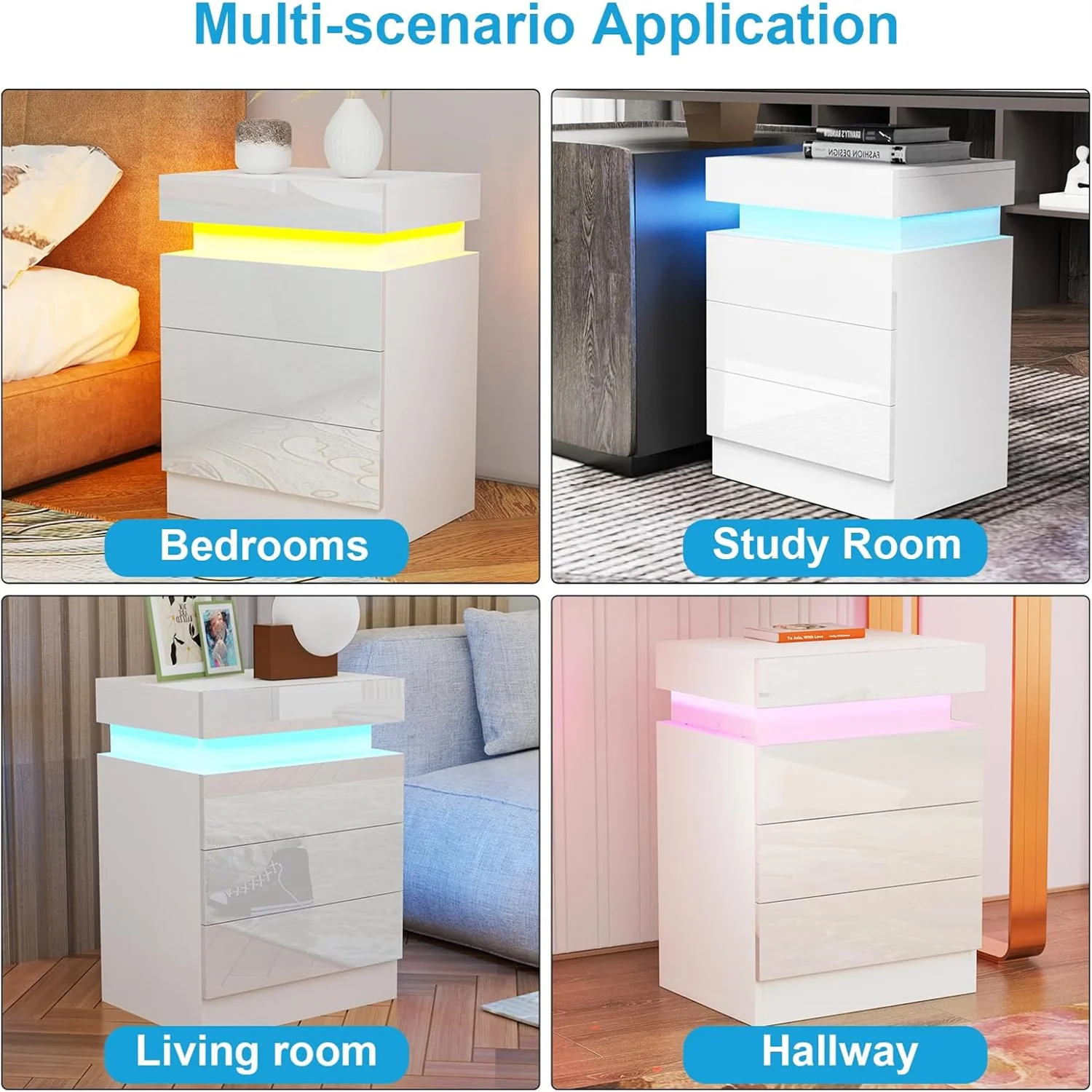 3 Drawers Wooden Nightstand Light Charging Station Bluetooth Light Power Bedroom Bedside Living Room UK Plug Bedroom Furniture
