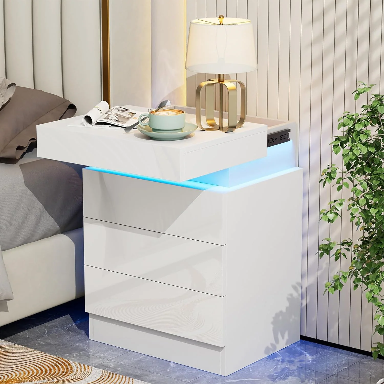 3 Drawers Wooden Nightstand Light Charging Station Bluetooth Light Power Bedroom Bedside Living Room UK Plug Bedroom Furniture