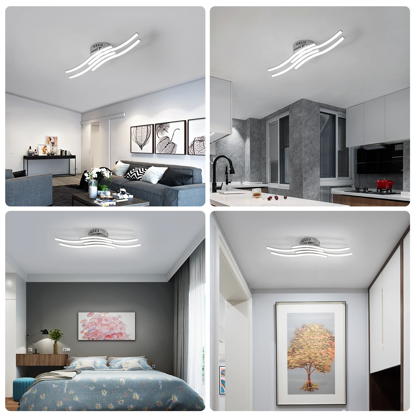 Modern Led Ceiling Light, 4 Built-in Wave Led Board Design Ceiling Lamps Silver Ceiling Lighting for Living Room Bedroom Kitchen