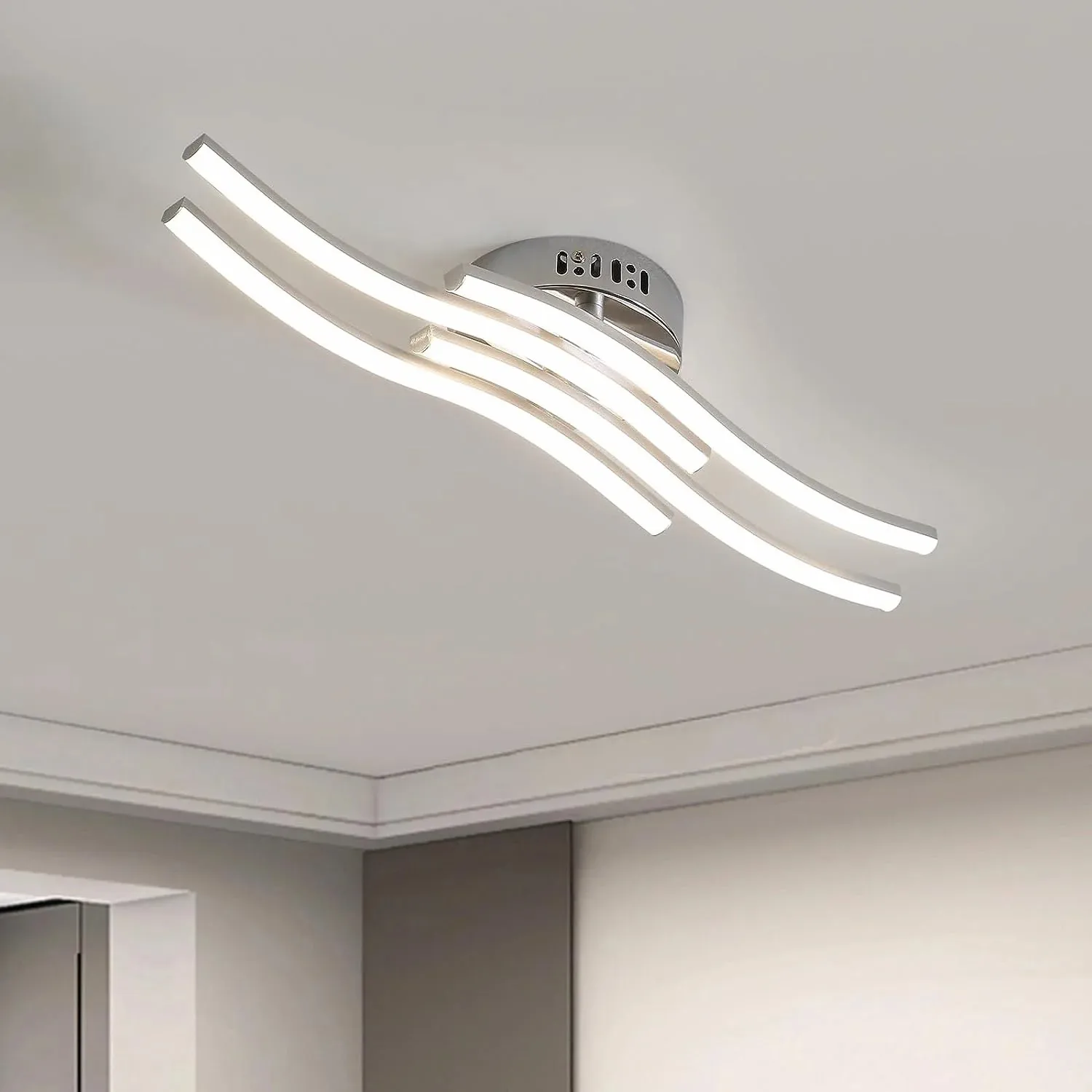 Modern Led Ceiling Light, 4 Built-in Wave Led Board Design Ceiling Lamps Silver Ceiling Lighting for Living Room Bedroom Kitchen