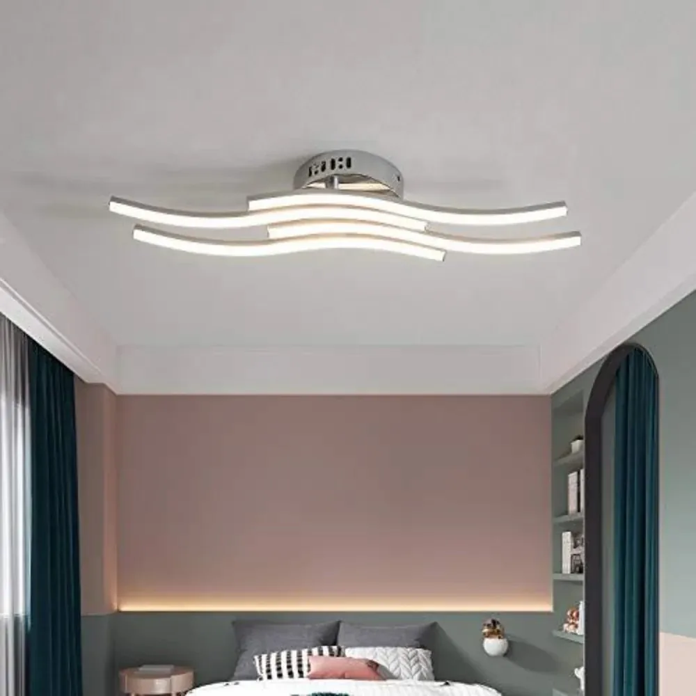 Modern Led Ceiling Light, 4 Built-in Wave Led Board Design Ceiling Lamps Silver Ceiling Lighting for Living Room Bedroom Kitchen