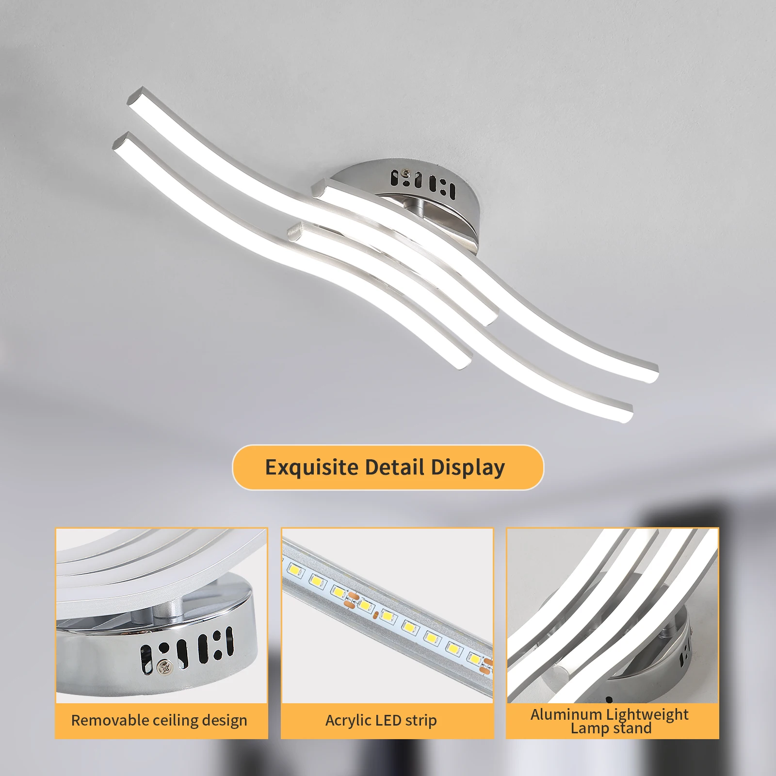 Modern Led Ceiling Light, 4 Built-in Wave Led Board Design Ceiling Lamps Silver Ceiling Lighting for Living Room Bedroom Kitchen