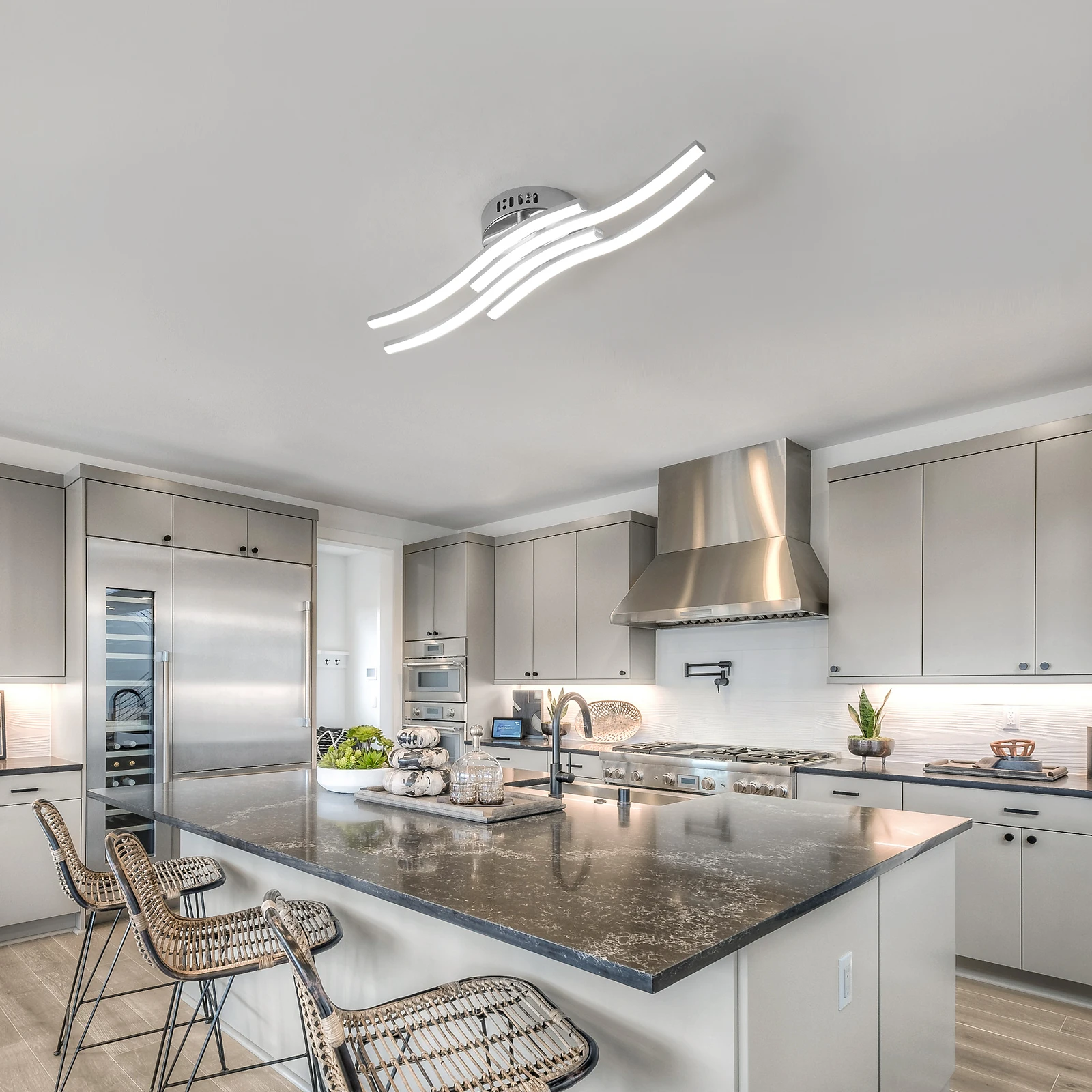 Modern Led Ceiling Light, 4 Built-in Wave Led Board Design Ceiling Lamps Silver Ceiling Lighting for Living Room Bedroom Kitchen
