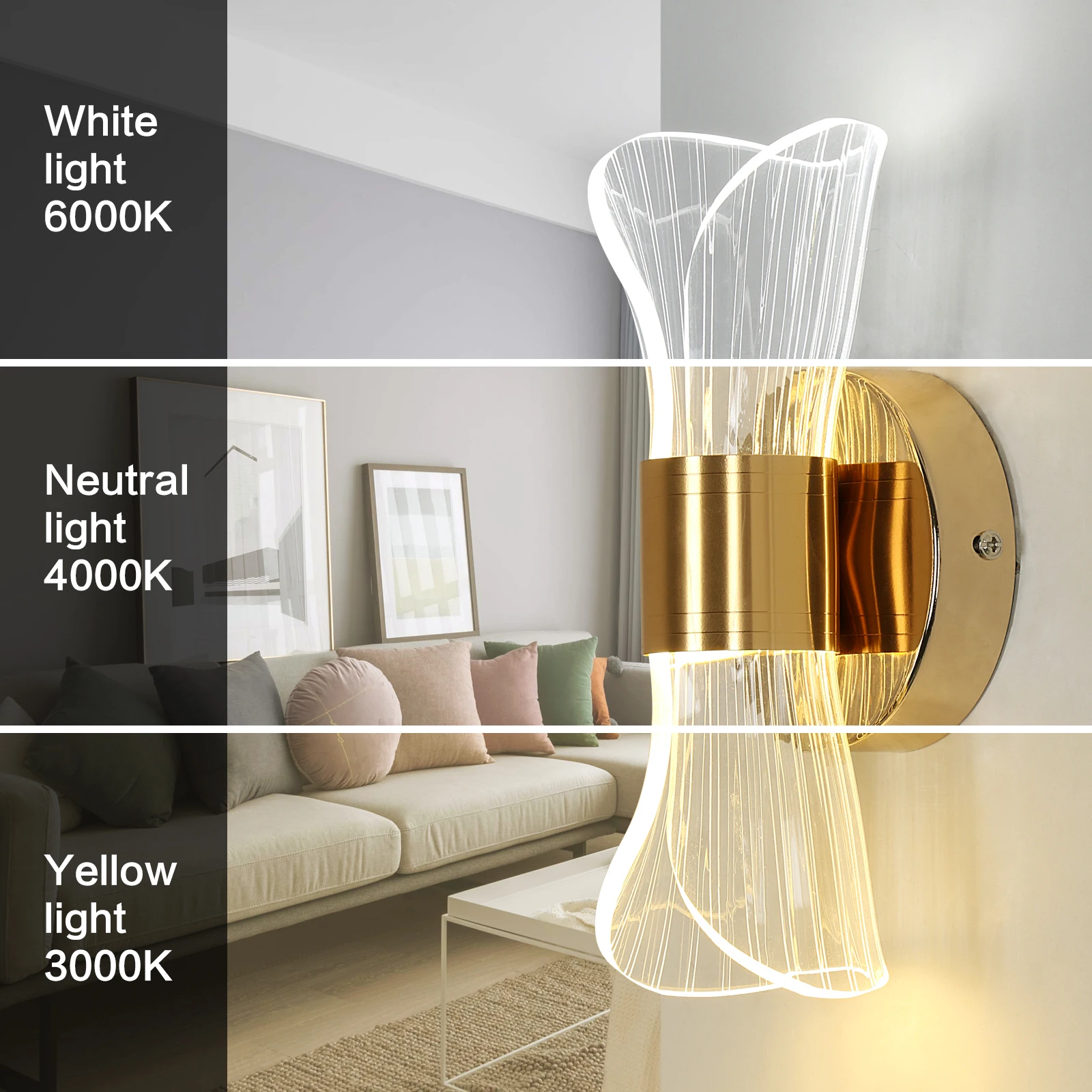 Indoor LED Wall Lamp,Modern 12W Wall Lamp Dimmable with 3 Light Colors,Gold Acrylic Wall Lamp for Bedroom Stairwell Hallway