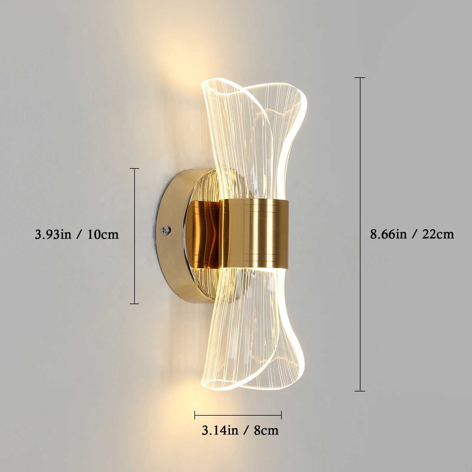 Indoor LED Wall Lamp,Modern 12W Wall Lamp Dimmable with 3 Light Colors,Gold Acrylic Wall Lamp for Bedroom Stairwell Hallway