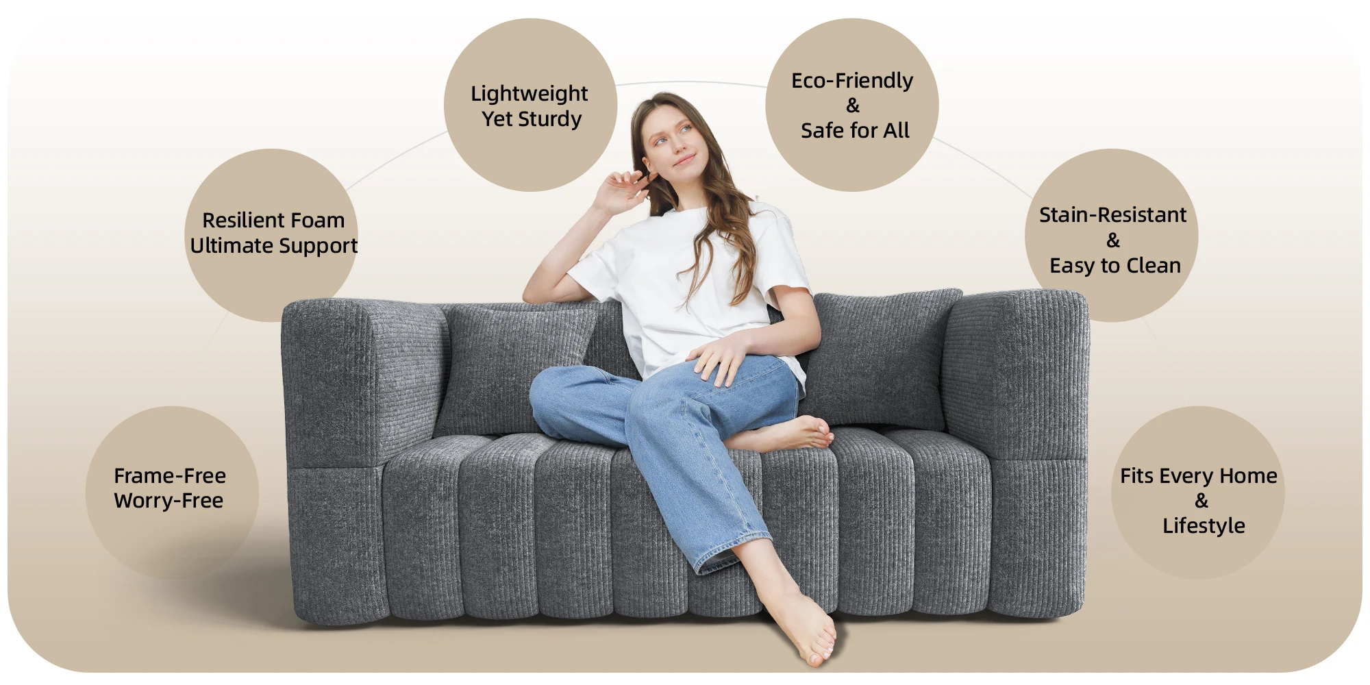 RUMMY 2-Seater Soft Foam Sofa with Armrests & 2 Cushions, Compact Modern Loveseat for Living Room, Bedroom or Office, Grey