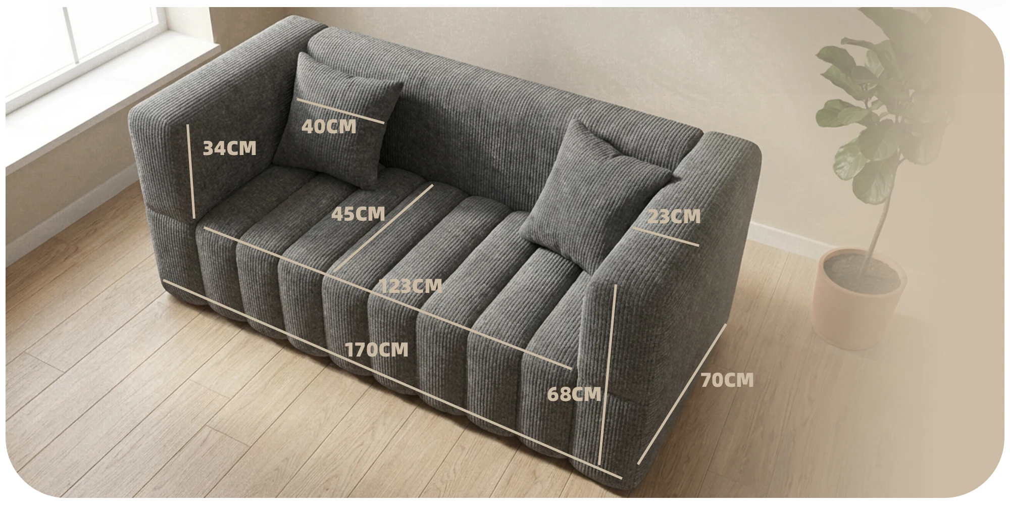 RUMMY 2-Seater Soft Foam Sofa with Armrests & 2 Cushions, Compact Modern Loveseat for Living Room, Bedroom or Office, Grey