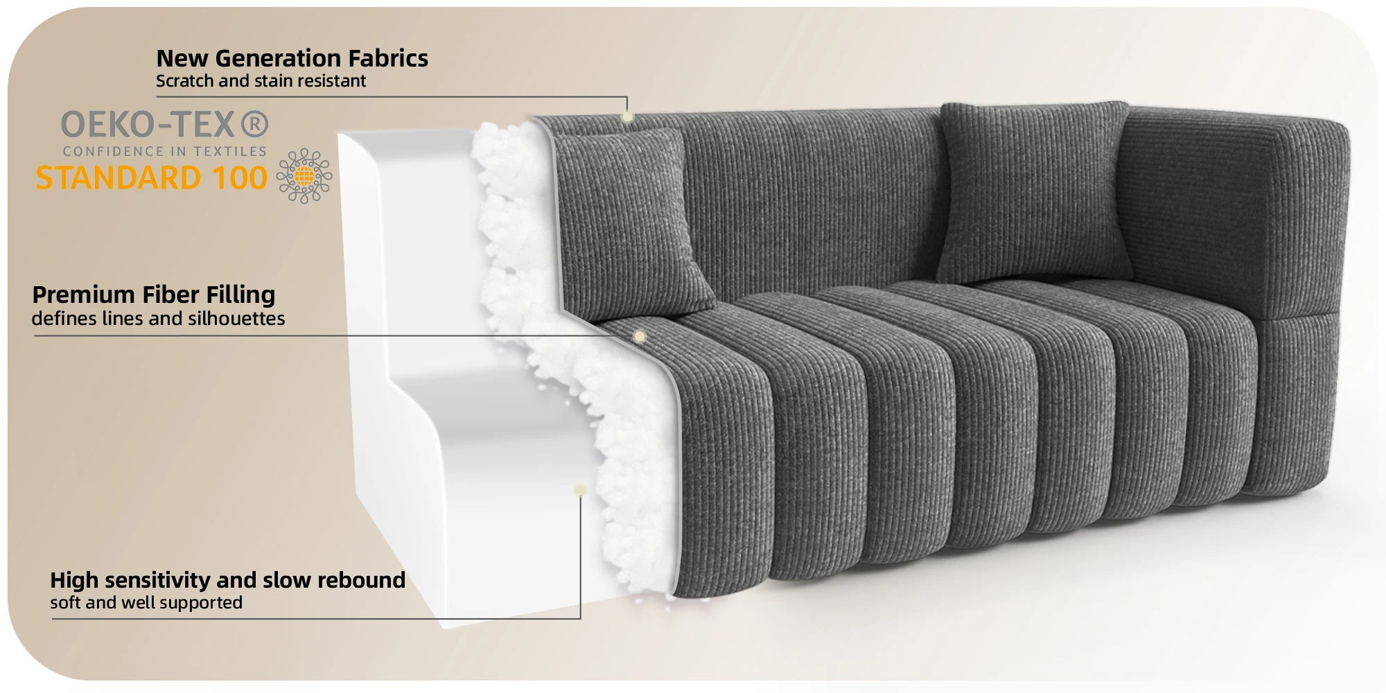 RUMMY 2-Seater Soft Foam Sofa with Armrests & 2 Cushions, Compact Modern Loveseat for Living Room, Bedroom or Office, Grey