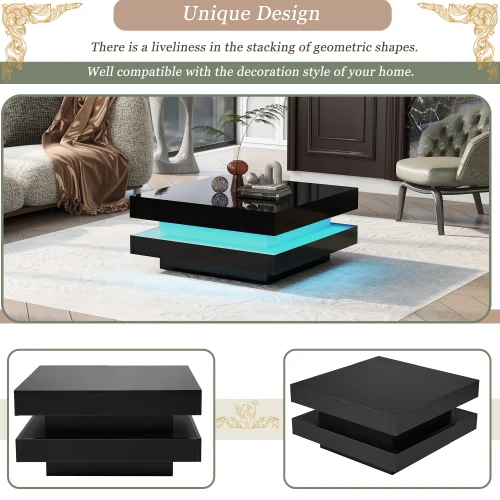 Black Square High Gloss Coffee Table with 360° Rotating Top, Tea Table with 16-Color LED light, 70x70x36 cm