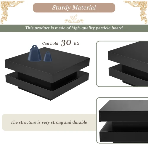 Black Square High Gloss Coffee Table with 360° Rotating Top, Tea Table with 16-Color LED light, 70x70x36 cm