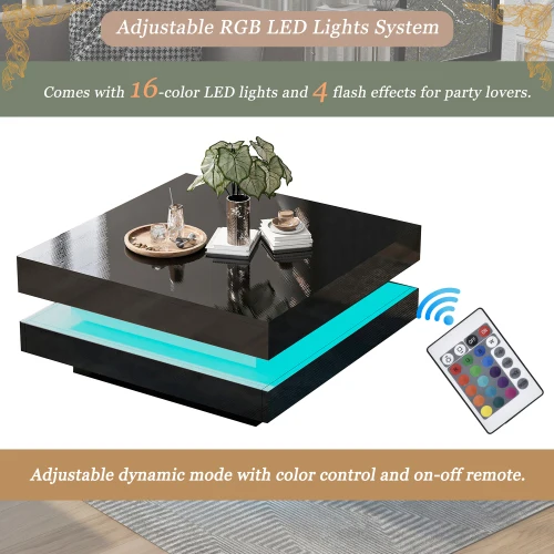 Black Square High Gloss Coffee Table with 360° Rotating Top, Tea Table with 16-Color LED light, 70x70x36 cm