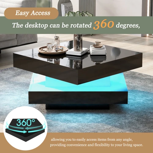 Black Square High Gloss Coffee Table with 360° Rotating Top, Tea Table with 16-Color LED light, 70x70x36 cm