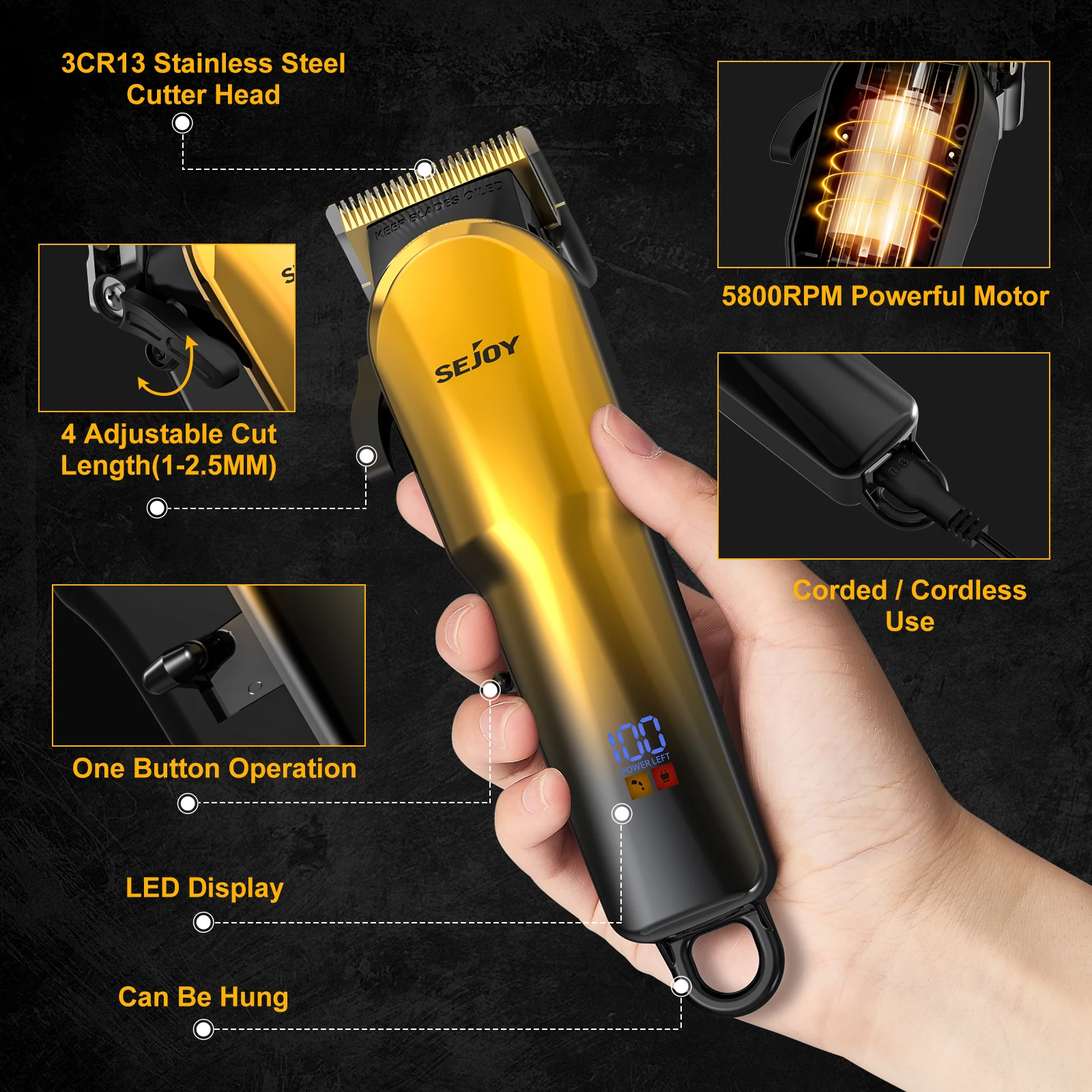 Sejoy Electric Hair Trimmer Cordless Professional Rechargeable Shaver Hair Cutting Machine for Men Hair Clipper Barber Shop