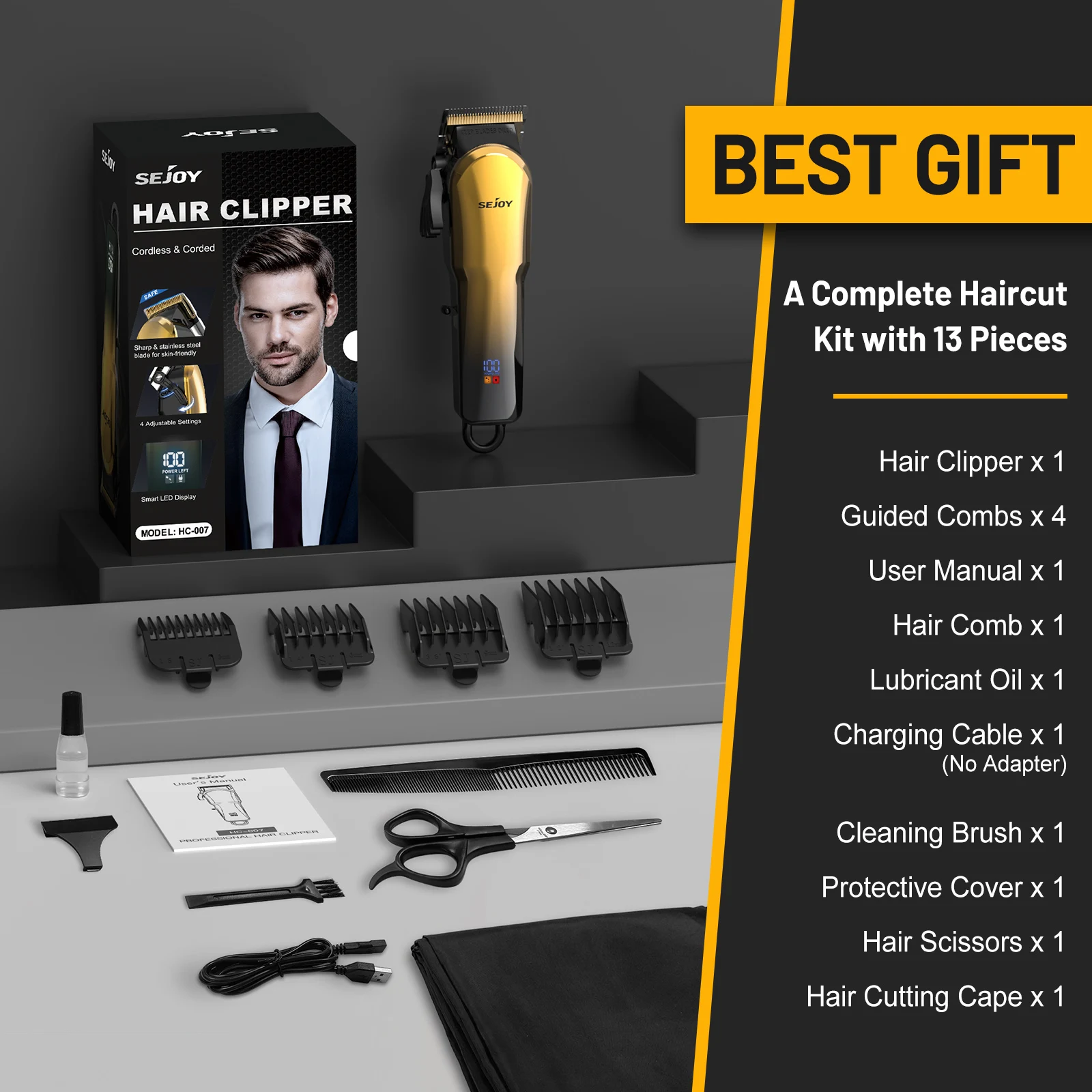 Sejoy Electric Hair Trimmer Cordless Professional Rechargeable Shaver Hair Cutting Machine for Men Hair Clipper Barber Shop