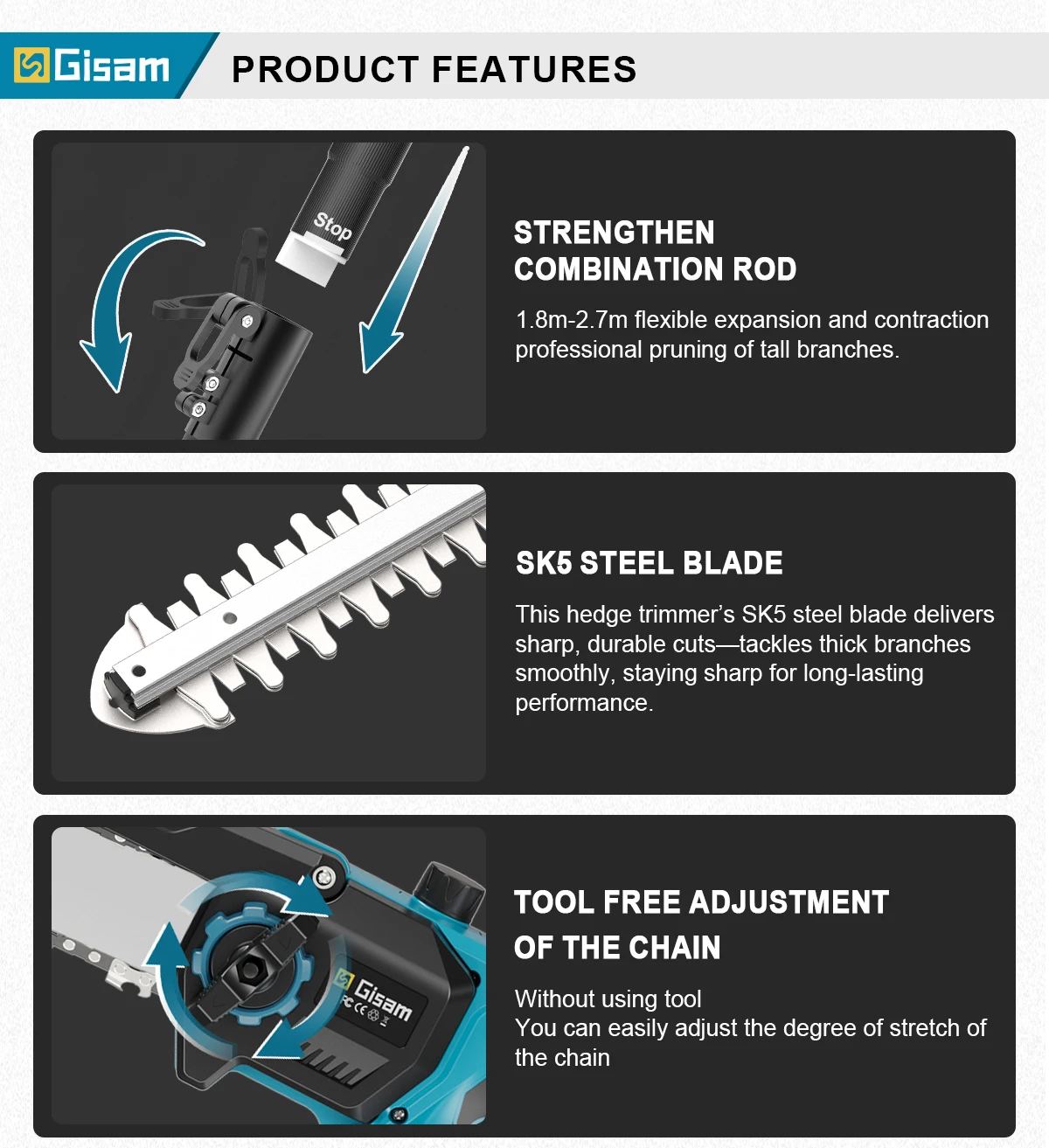 Gisam 2in1 Brushless High Branch Saw & Hedge Trimmer Cordless Multifunction Tool Trimmer & Chainsaw for Makita 18V Battery Pin