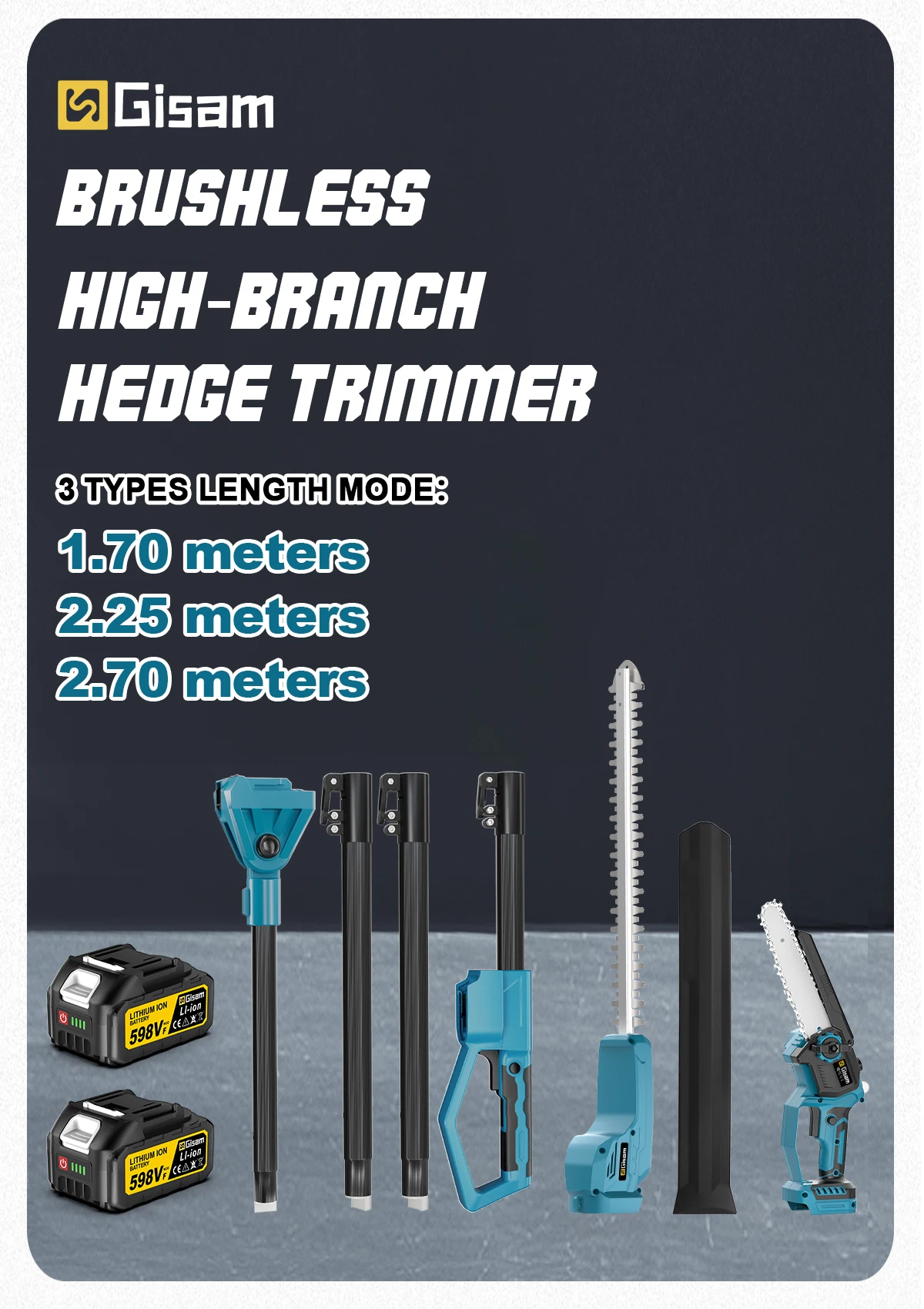 Gisam 2in1 Brushless High Branch Saw & Hedge Trimmer Cordless Multifunction Tool Trimmer & Chainsaw for Makita 18V Battery Pin
