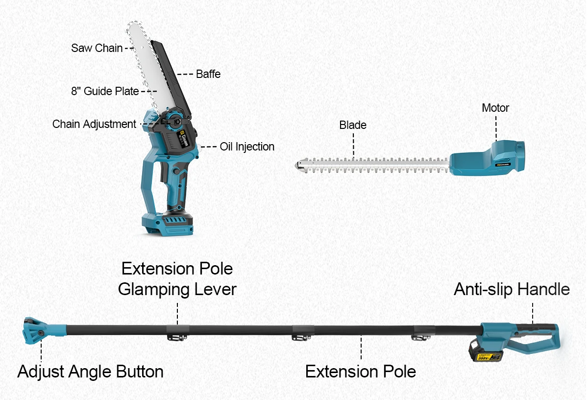 Gisam 2in1 Brushless High Branch Saw & Hedge Trimmer Cordless Multifunction Tool Trimmer & Chainsaw for Makita 18V Battery Pin