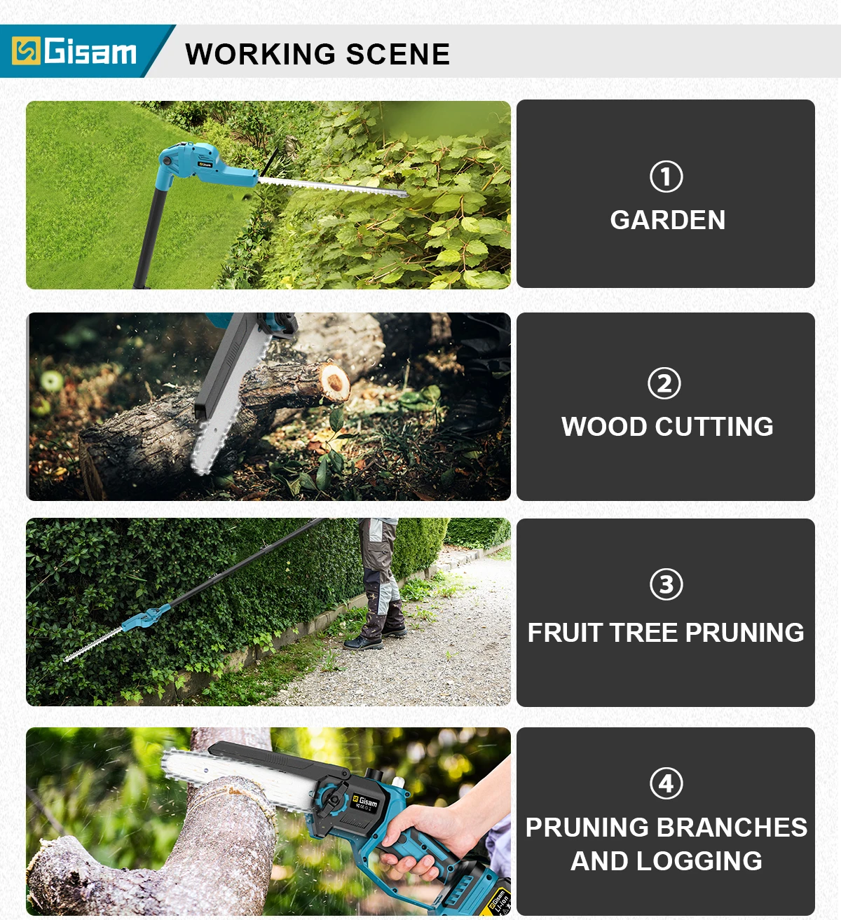Gisam 2in1 Brushless High Branch Saw & Hedge Trimmer Cordless Multifunction Tool Trimmer & Chainsaw for Makita 18V Battery Pin
